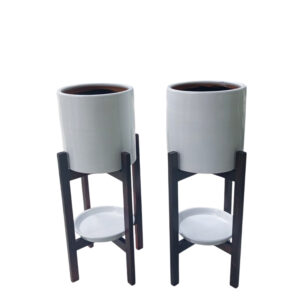 SET DE 2 MACETAS CILINDRO BLANCO + 2 PEDESTALES MARRON